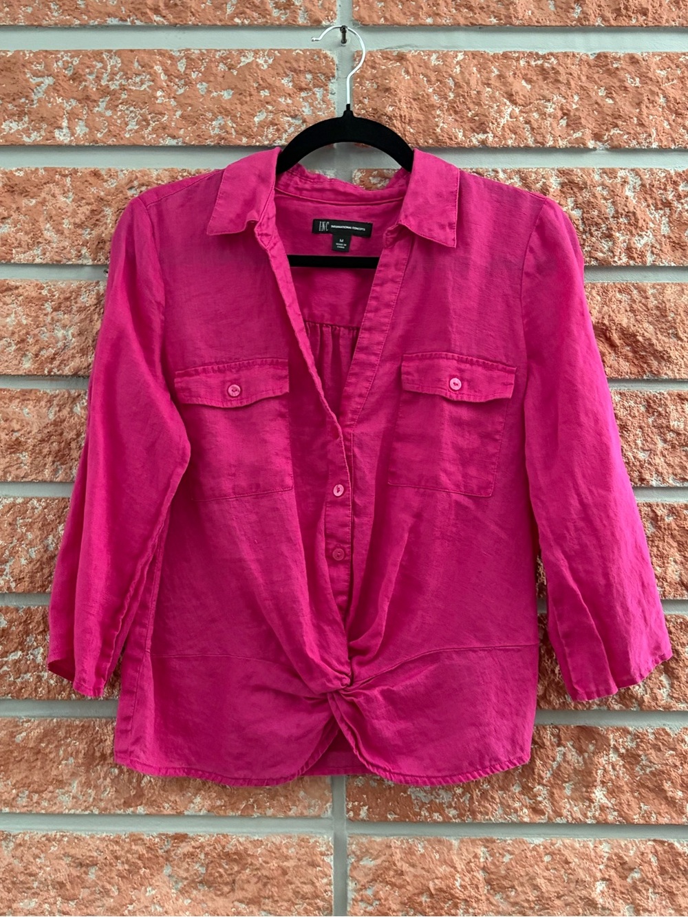 🌟 INC International Concepts Fuchsia Button-Front Twist Hem Shirt